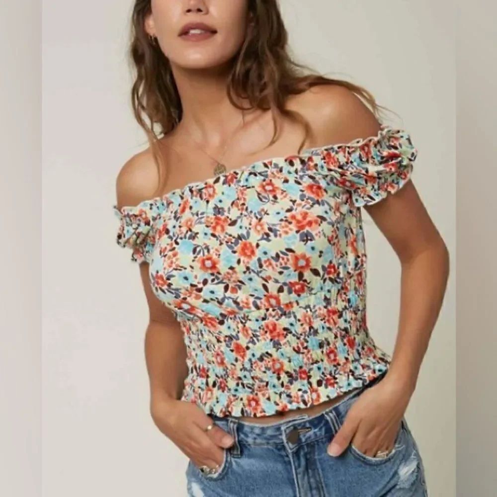 O'Neill | Aqua & Coral Floral Smocked Mozelle Off-Shoulder Top